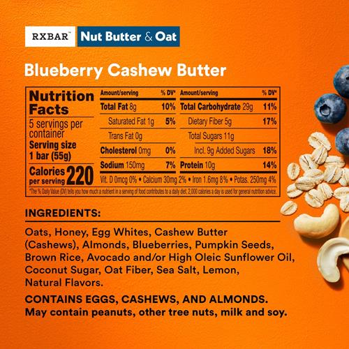Rxbar Nut Butter And Oat Protein Bars, Protein Snacks, Snack Bars, Blueberry Cashew Butter, 9.7Oz Box (5 Bars)
