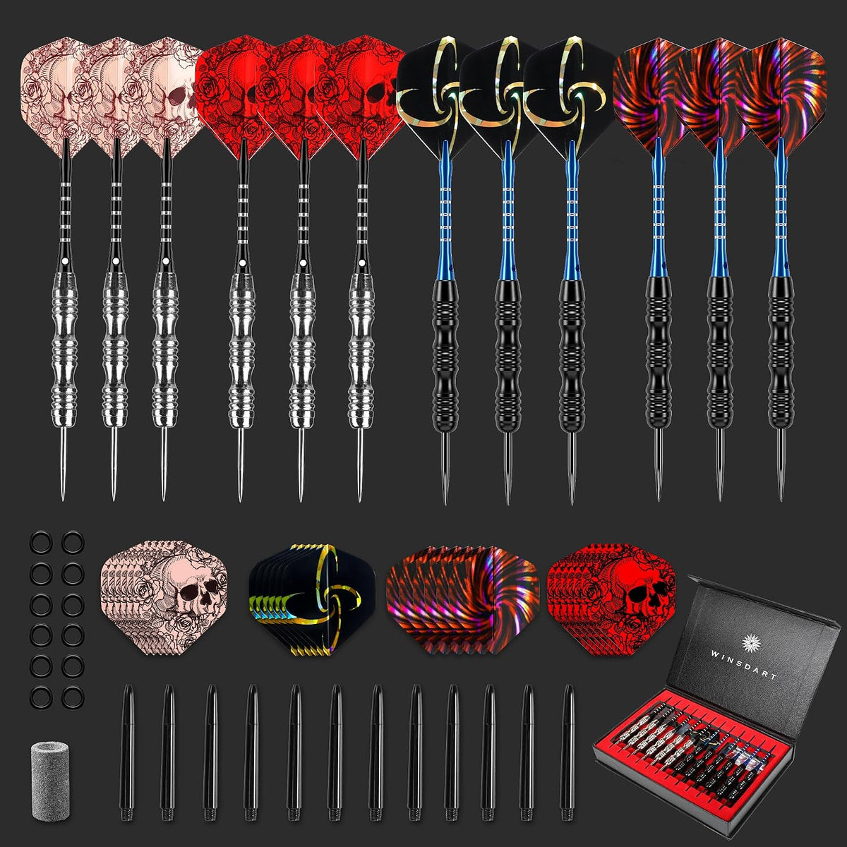 Steel Tip Darts 12 Pack Set with Nonslip Iron Barrel Aluminum Dart Shafts and Flights Darts Sharpener an Gift Box