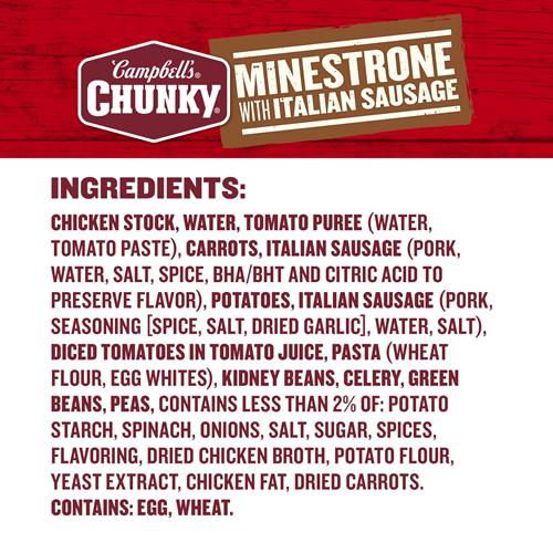 Campbell’S Chunky Soup, Minestrone With Italian Sausage Soup, 18.8 Oz Can