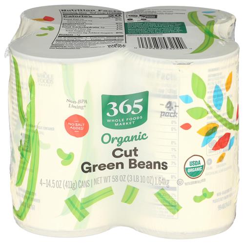 Whole Foods Market Organic No Salt Added Cut Green Beans, 14.5 Ounce, 4 Pack