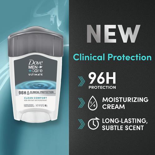 Dove Men + Care Clinical Protection Antiperspirant Clean Comfort Stick For Men 96-Hour Sweat And Odor Protection Clinical Strength Antiperspirant With 1/4 Moisturizing Cream 1.7 Oz