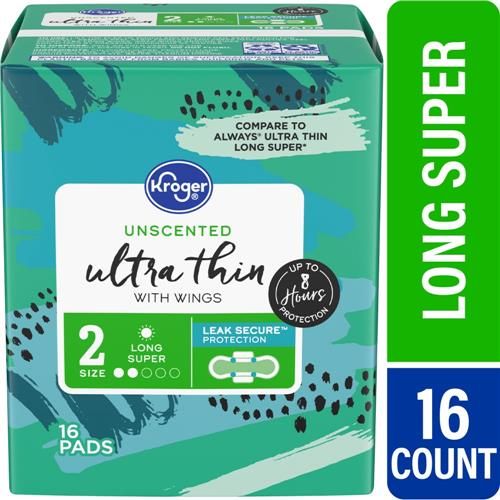 Kroger Ultra Thin Pads with Wings Long Super Size 2 Unscented 16 count