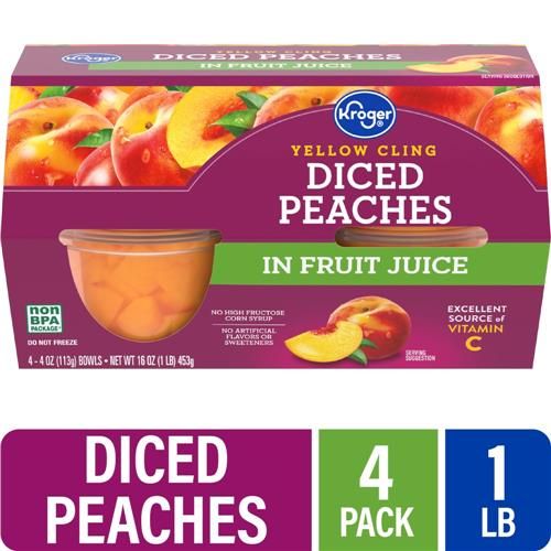 Kroger Yellow Cling Diced Peach Cups in 100% Juice 4 ct / 4 oz