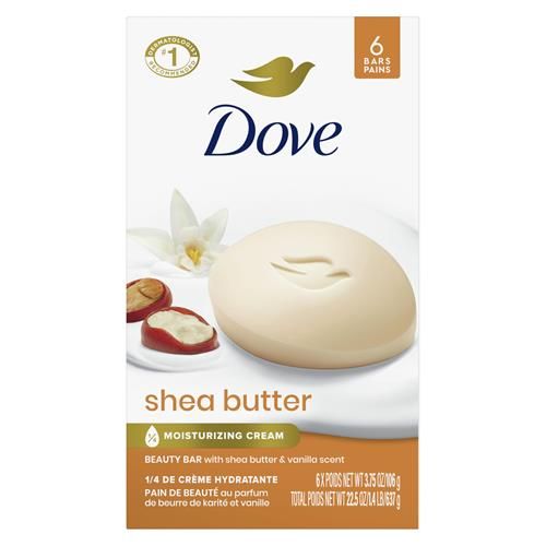 Dove Beauty Bar Soap Shea Butter, 6 Bars For Nourished, Radiant Skin, Enriches Skin 3.75 Oz