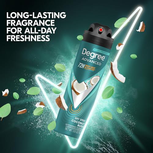 Degree Men Antiperspirant Deodorant Dry Spray Coconut Rush 72-Hour Sweat And Odor Protection? Deodorant For Men With Body Heat Activated Technology 3.8 Oz
