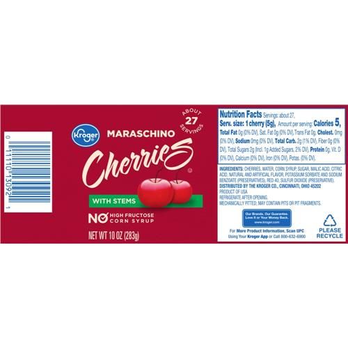 Kroger Maraschino Cherries with Stem 10 oz