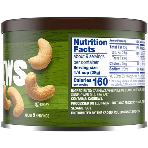 Kroger Whole Sea Salted Cashews 8.5 oz