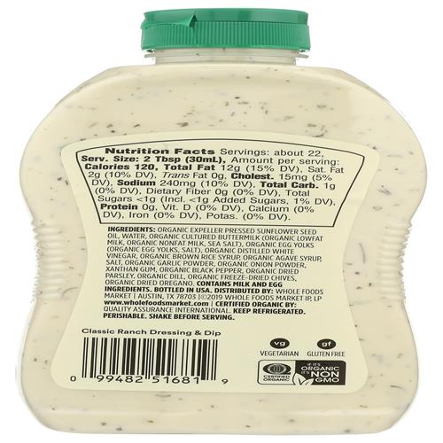 Whole Foods Market Organic Family Size Classic Ranch, 21.8 Fz