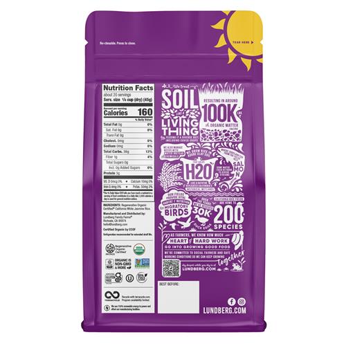 Lundberg Jasmine Rice, Regenerative Organic Certified – Non-Sticky, Aromatic Long-Grain White Rice, Responsibly Grown In California, 32 Oz
