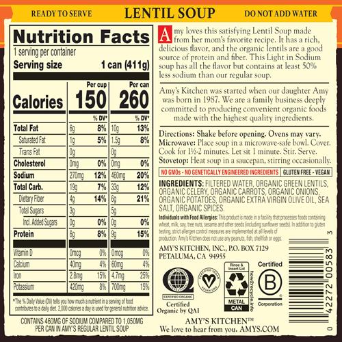 Amy’S Soup, Vegan Lentil Soup, Light In Sodium, Gluten Free, Made With Organic Green Lentils And Vegetables, Canned Soup, 14.5 Oz