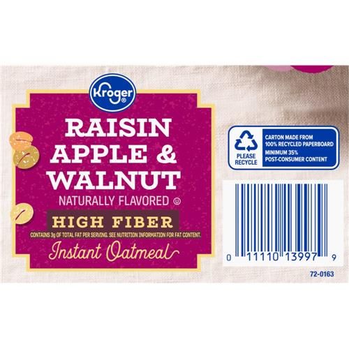 Kroger Raisin Apple & Walnut High Fiber Instant Oatmeal 8 ct