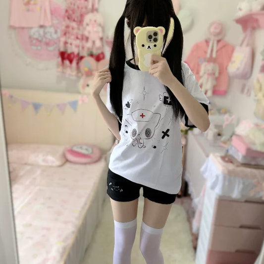 2D Kawaii Otaku-style Pure Cotton Patchwork Short-sleeve Top