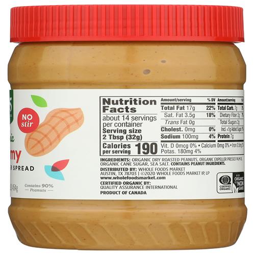 Whole Foods Market Organic Sweetened Smooth Peanut Butter, 16 Oz