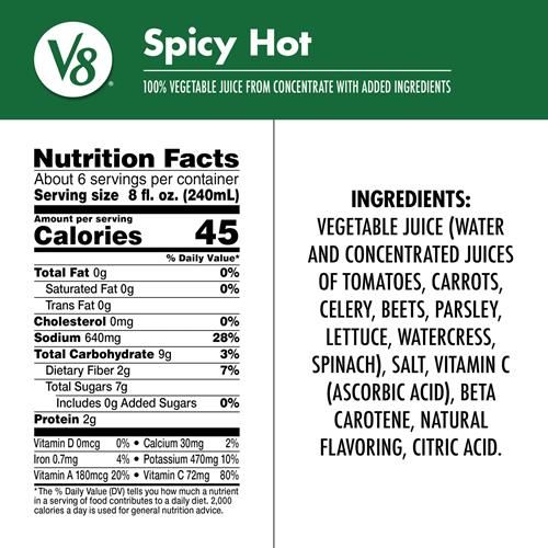 V8 Spicy Hot 100% Vegetable Juice, 46 Fl Oz Bottle