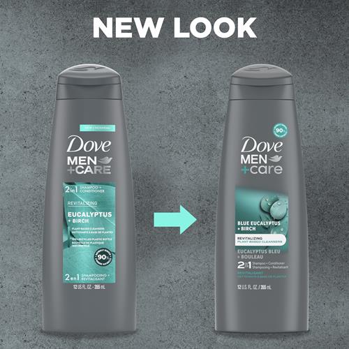 Dove Men + Care 2 In 1 Shampoo & Conditioner Eucalyptus & Birch For Healthy-Looking Hair Naturally Derived Plant Based Cleansers 12 Oz