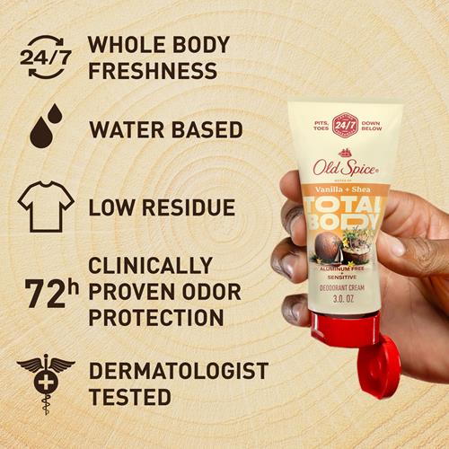 Old Spice Whole Body Deodorant Cream For Men, Aluminum Free, Vanilla + Shea Scent, 24/7 Odor Protection, 24/7 Lasting Freshness, Dermatologist Tested, Gentle On Skin, Safe To Use All Over, 3.0 Oz