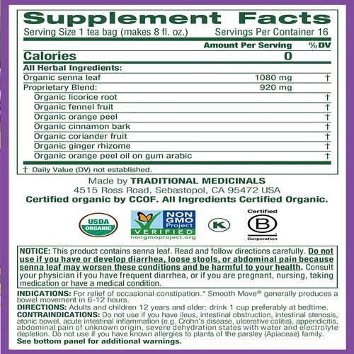 Traditional Medicinals Organic Smooth Move Herbal Stimulant Laxative Wrapped Tea Bags, 16 Count (Pack Of 1)