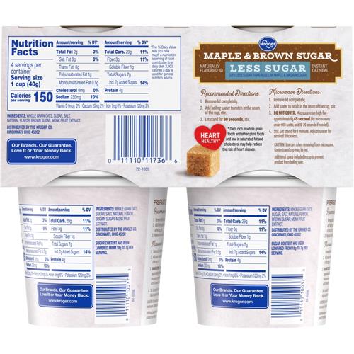 Kroger Maple & Brown Sugar Less Sugar Instant Oatmeal Cups 4 ct