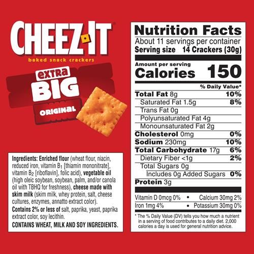Cheez-It Cheese Crackers, Baked Snack Crackers, Lunch Snacks, Extra Big, 11.7Oz Box (1 Box)
