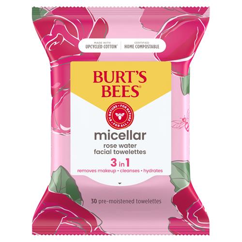 Burts Bees, Rose Water Face Wipes, For All Skin Types, Hydrating Micellar Makeup Remover & Facial Cleansing Towelettes, 30 Count (1 Pack)
