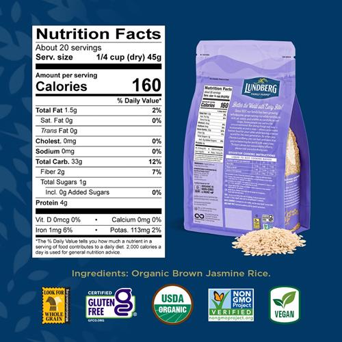 Lundberg Organic Jasmine Brown Rice – Long-Grain, Fluffy & Aromatic, Responsibly Grown In California, 32 Oz