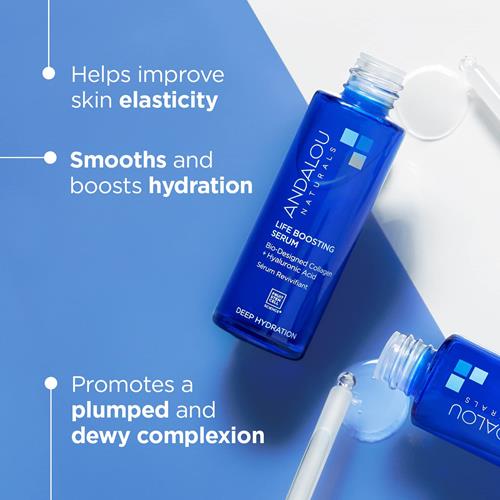 Andalou Naturals Collagen + Hyaluronic Acid Serum For Face, Deep Hydration Life Boosting Face Serum, Helps Improve Skin Elasticity, Day & Night Hydrating Serum, 1 Fl. Oz.