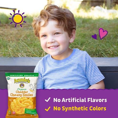 Annies Organic Cheddar Cheesy Smiles, Baked Corn Puffs, Gluten Free, 4 Oz