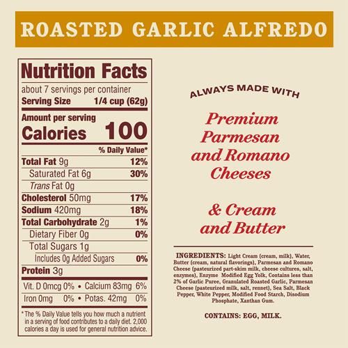 Raos Homemade Alfredo Sauce, Roasted Garlic Alfredo, 15 Oz, Rich & Creamy Pasta Sauce, Carb Conscious, Keto Friendly, Premium Quality, Blend Of Parmesan & Romano Cheese, Cream And Butter